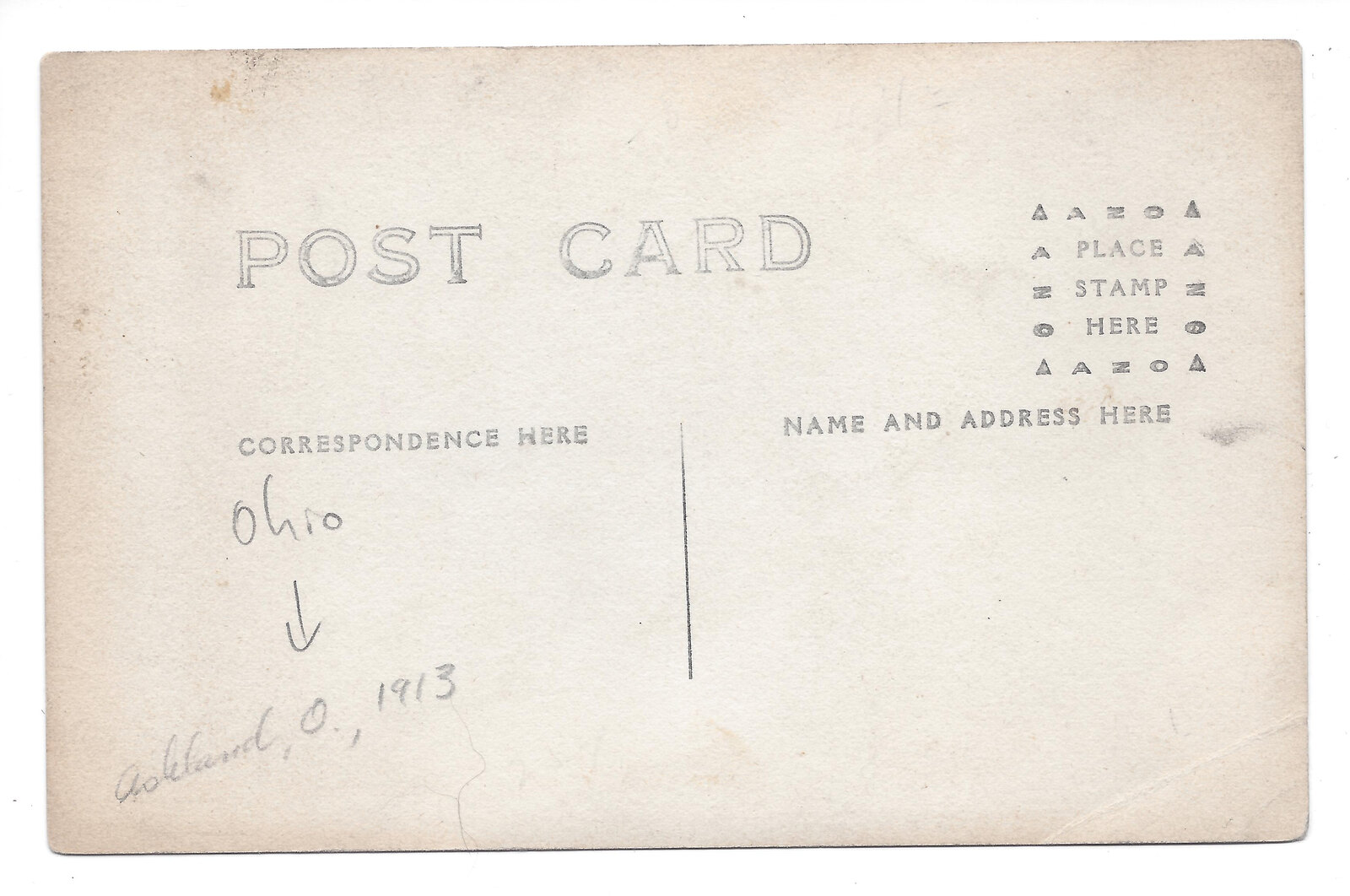 Unposted reverse of card 0081 with a pencil annotation reading Ashland, O., 1913.