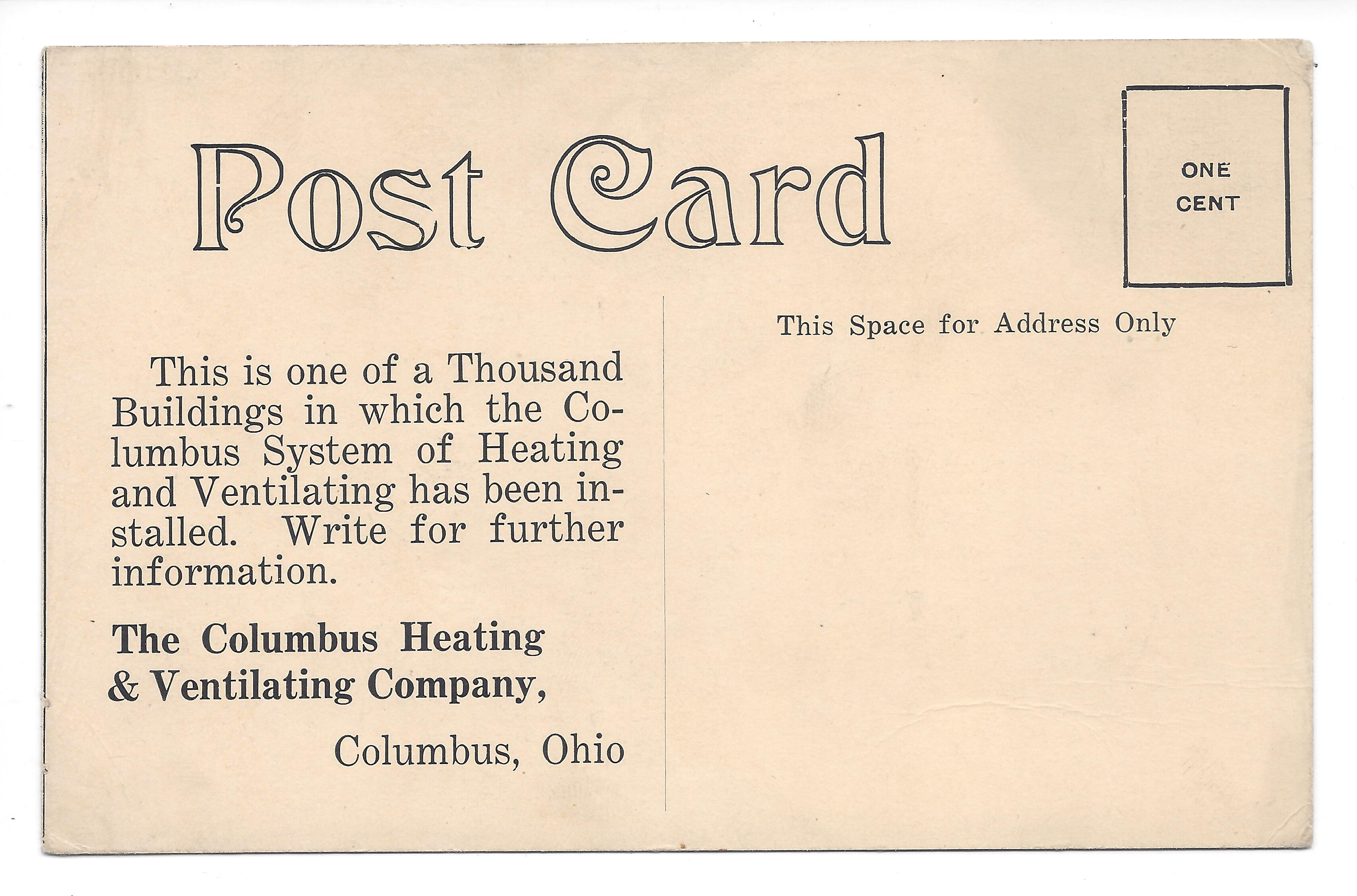 Blank, unposted reverse of the school postcard with a heating and ventilating advertisement.